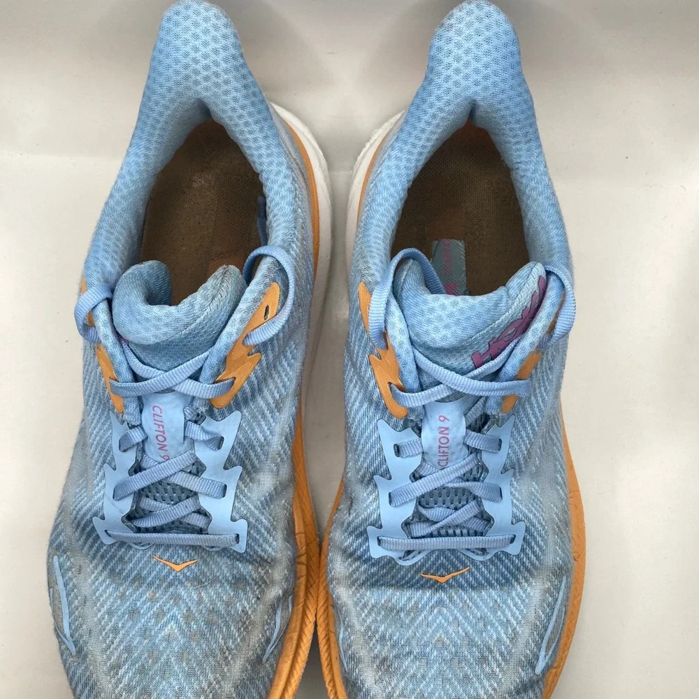 Hoka Clifton 9 Running Shoes Womens 9.5 Blue Orange Pink Mesh Athletic Sneakers